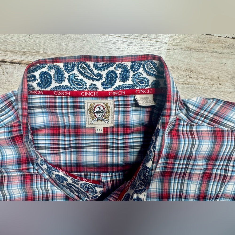 CINCH Shirt Adult 2XL Plaid Western Cowboy Rodeo Cotton Mens Red - Picture 6 of 9